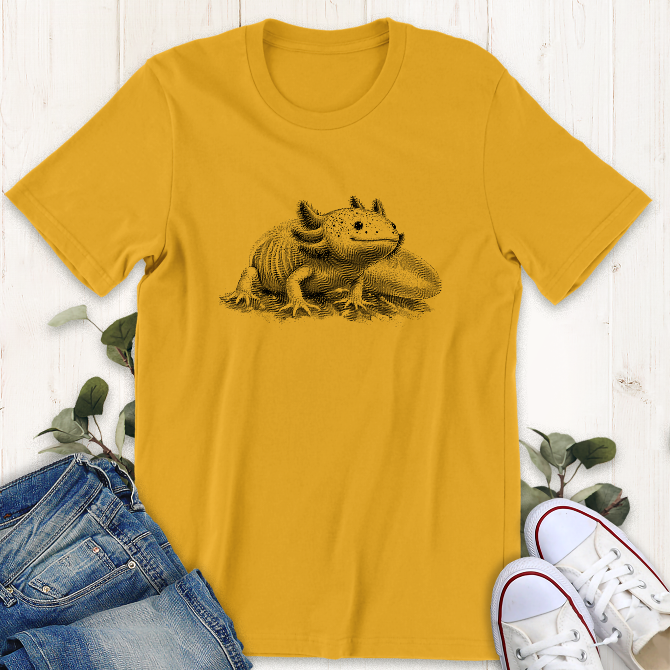 Gold mustard yellow axolotl graphic t-shirt by Thistle and Brass