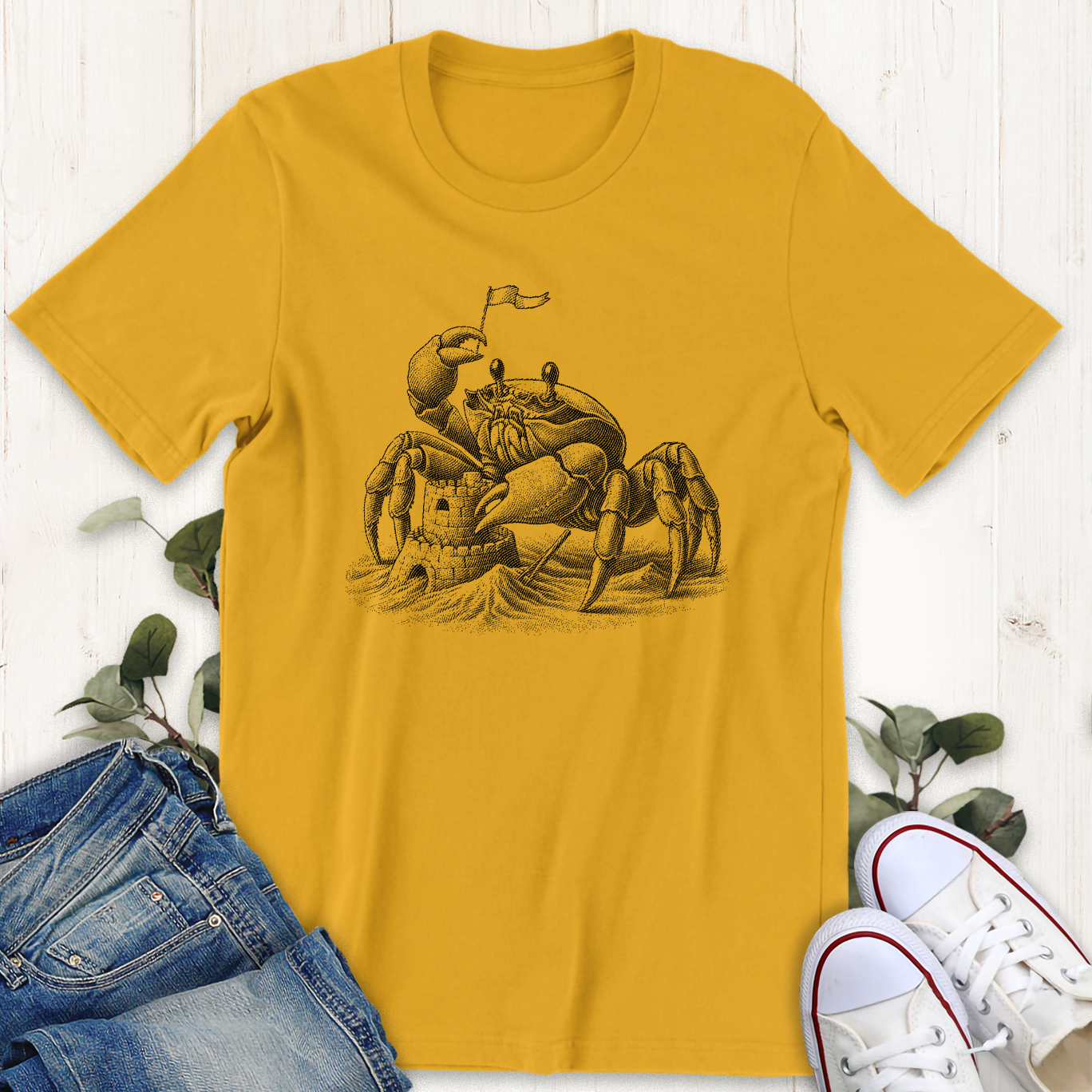 Gold mustard yellow crab sand castle graphic t-shirt by Thistle and Brass