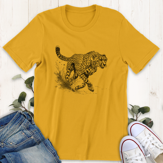 Gold mustard yellow cheetah running hunting printed graphic t-shirt by Thistle and Brass