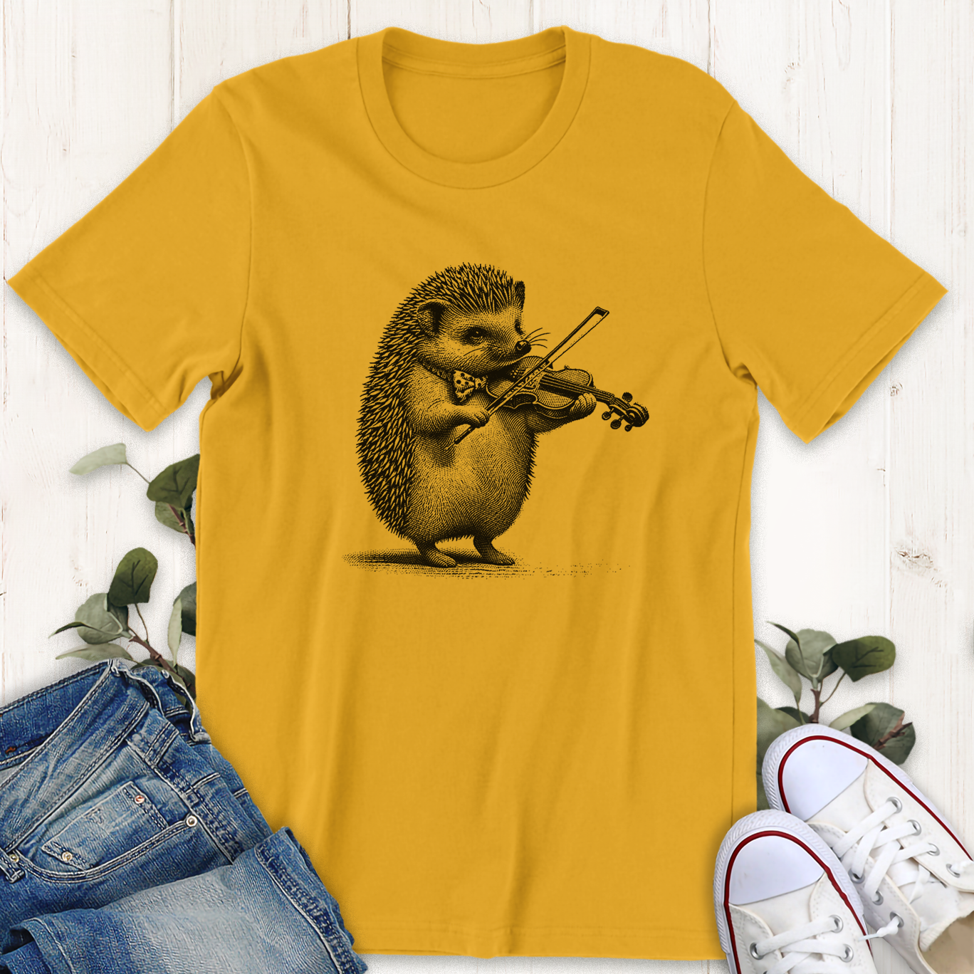 Gold Hedgehog Violin graphic t-shirt by Thistle and Brass