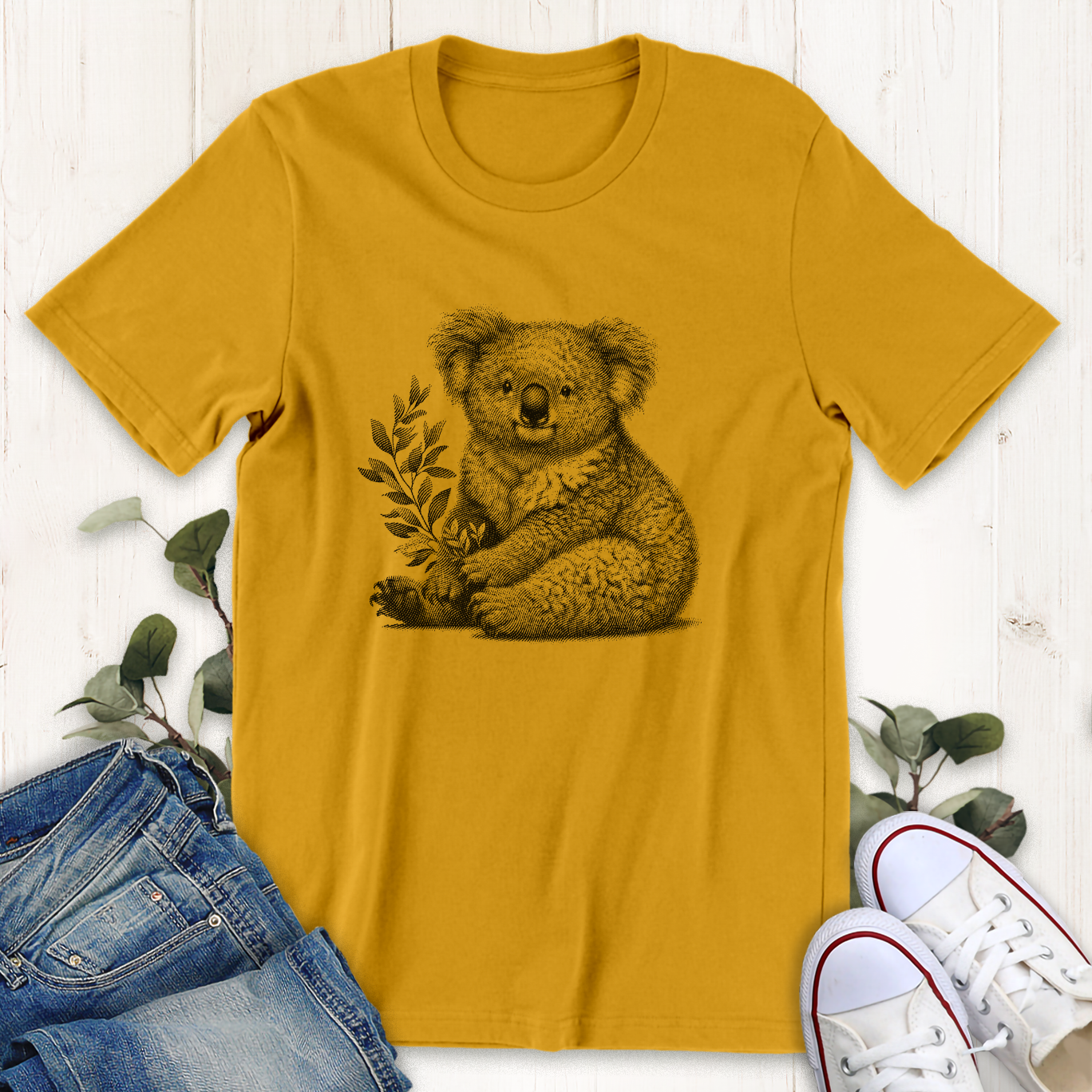 Gold Koala with a branch graphic t-shirt by Thistle & Brass