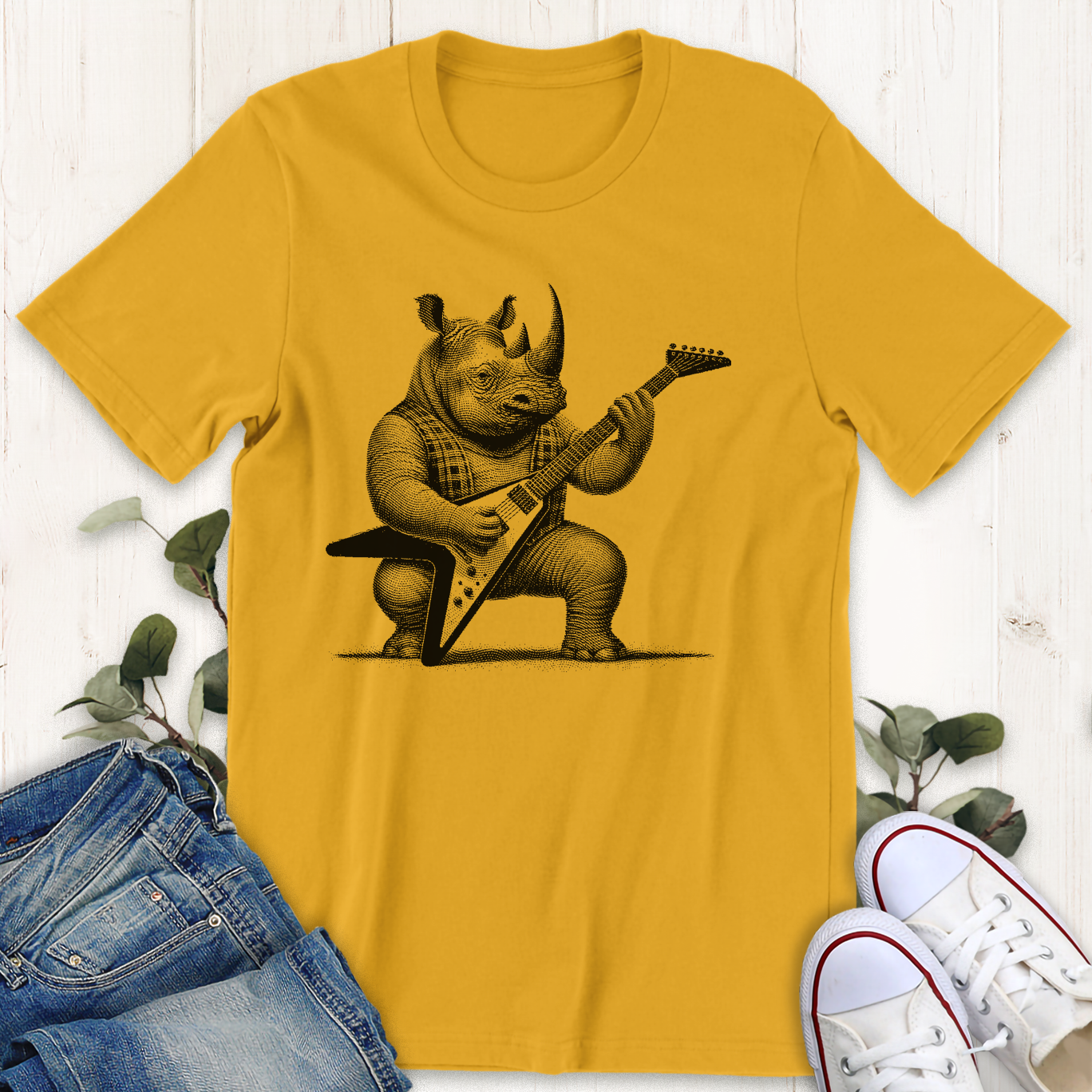 Gold mustard yellow heavy metal guitar playing rhino graphic t-shirt by Thistle and Brass