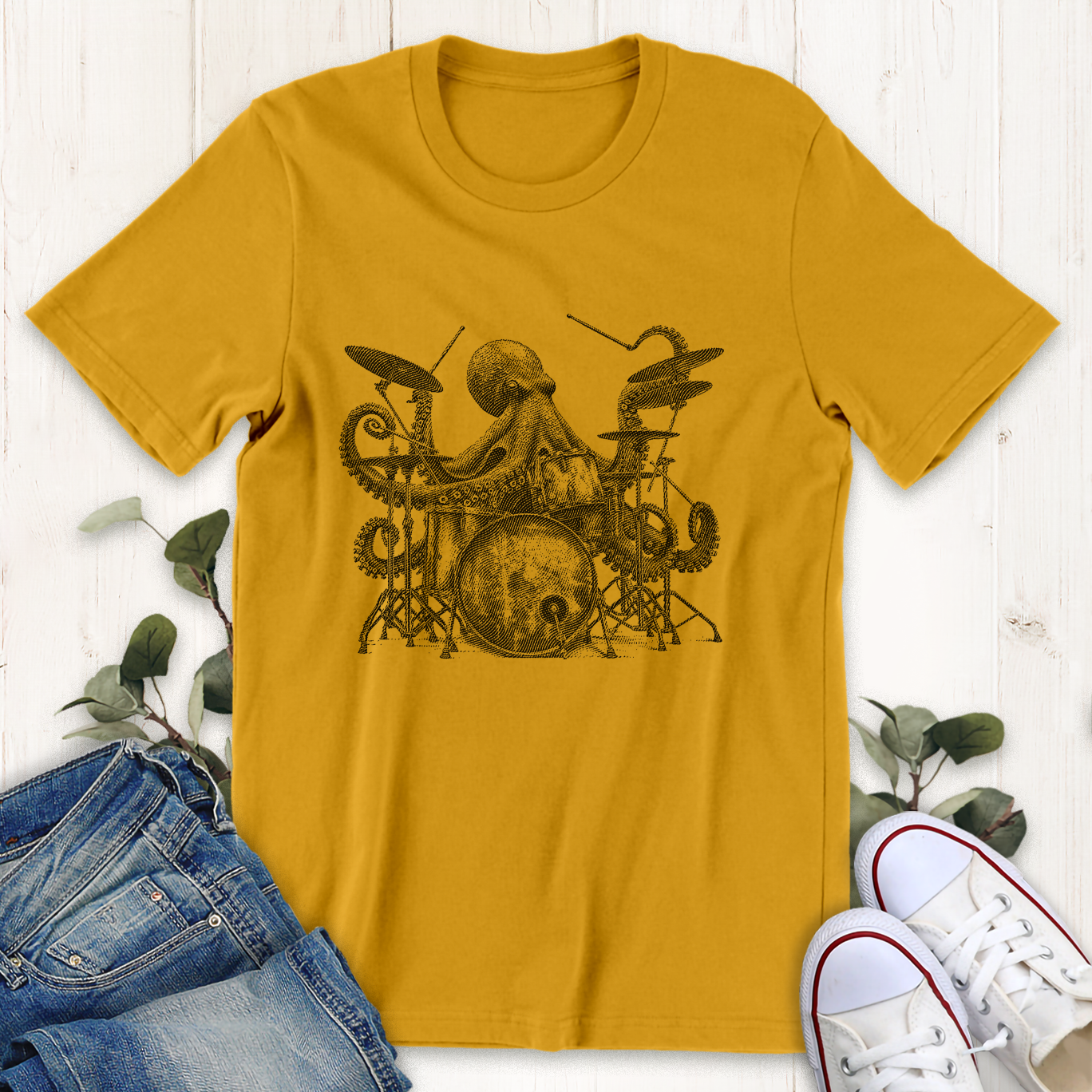 Gold mustard yellow octopus playing drums graphic t-shirt by Thistle and Brass