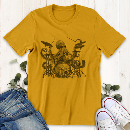 Gold mustard yellow octopus playing drums graphic t-shirt by Thistle and Brass