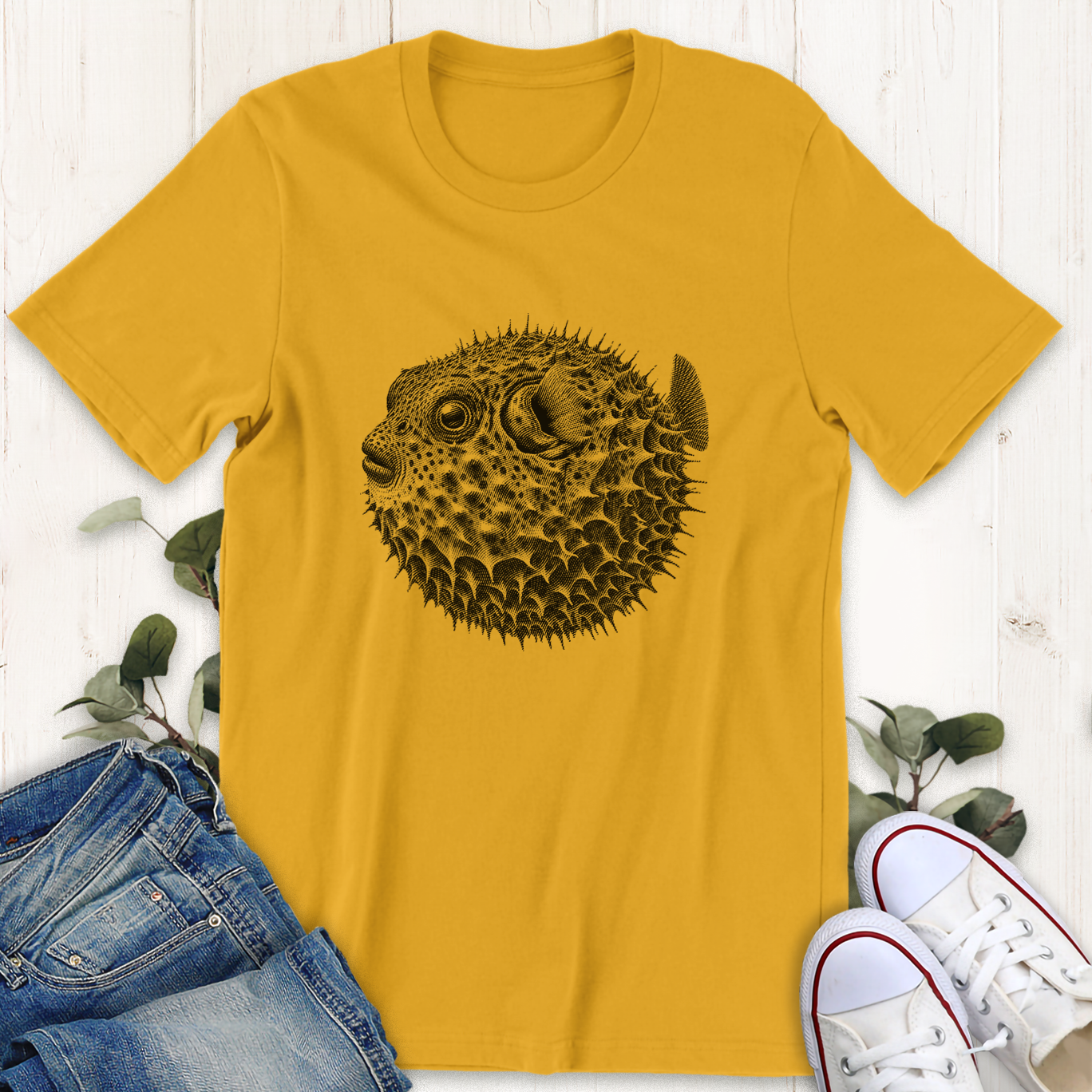 Gold Puffer fish graphic t-shirt by Thistle and Brass