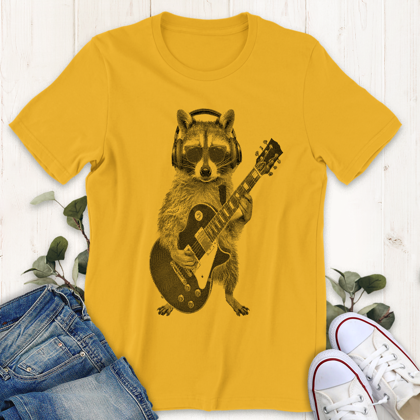 Gold rockin raccoon graphic t-shirt by Thistle and Brass