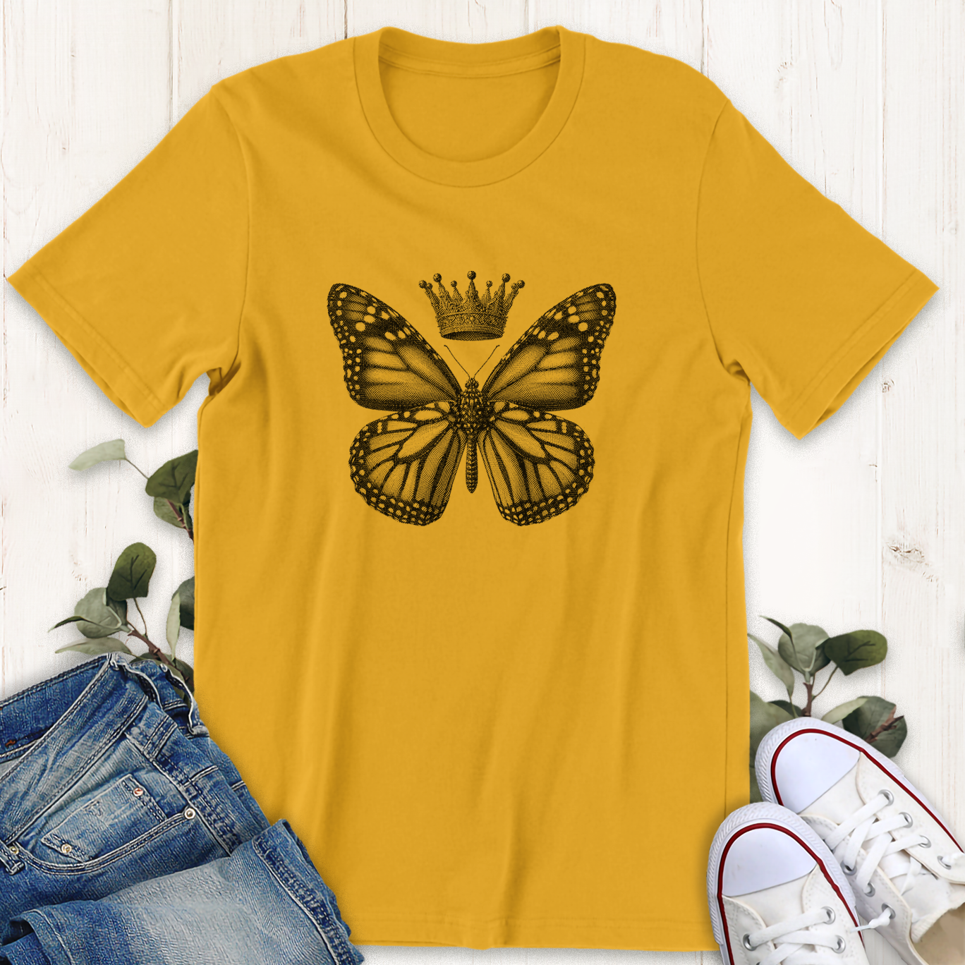 Gold mustard yellow monarch butterfly with a royal crown graphic t-shirt by Thistle and Brass