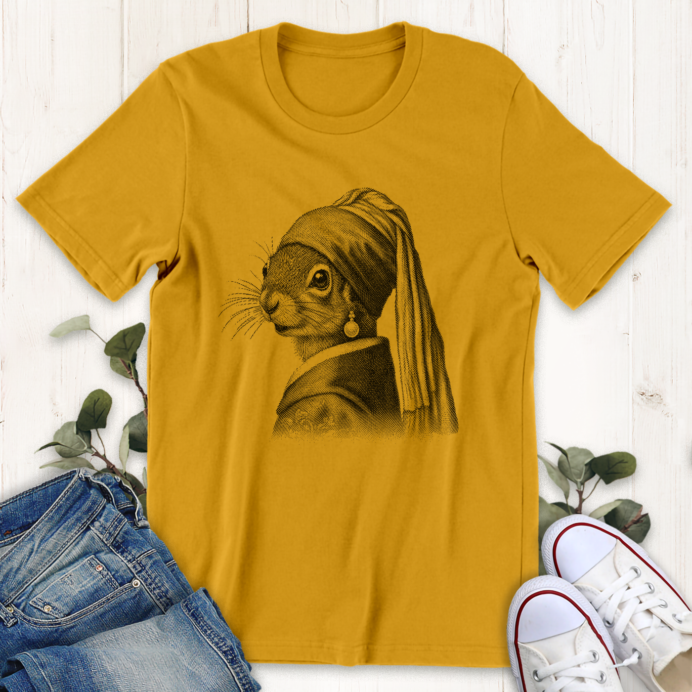 Gold Squirrel pearl earring graphic t-shirt by Thistle and Brass