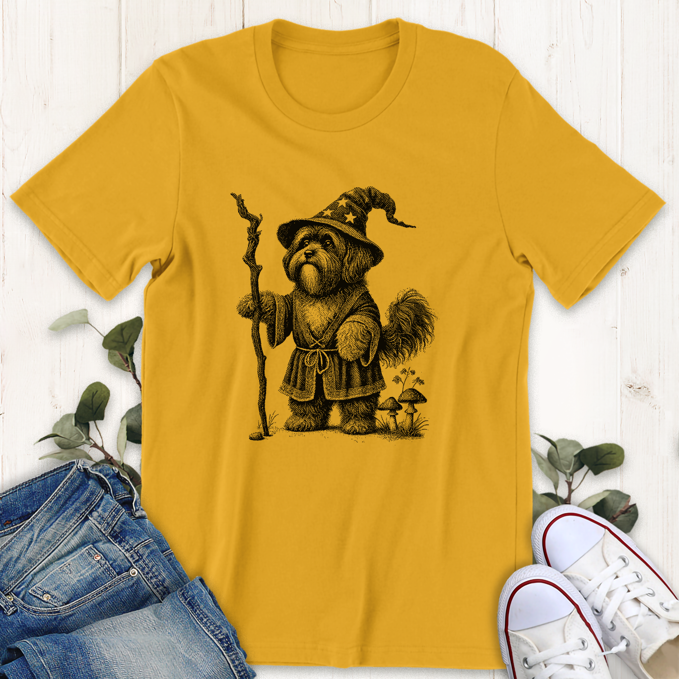 Gold wizard ShihTzu dog graphic t-shirt by Thistle and Brass