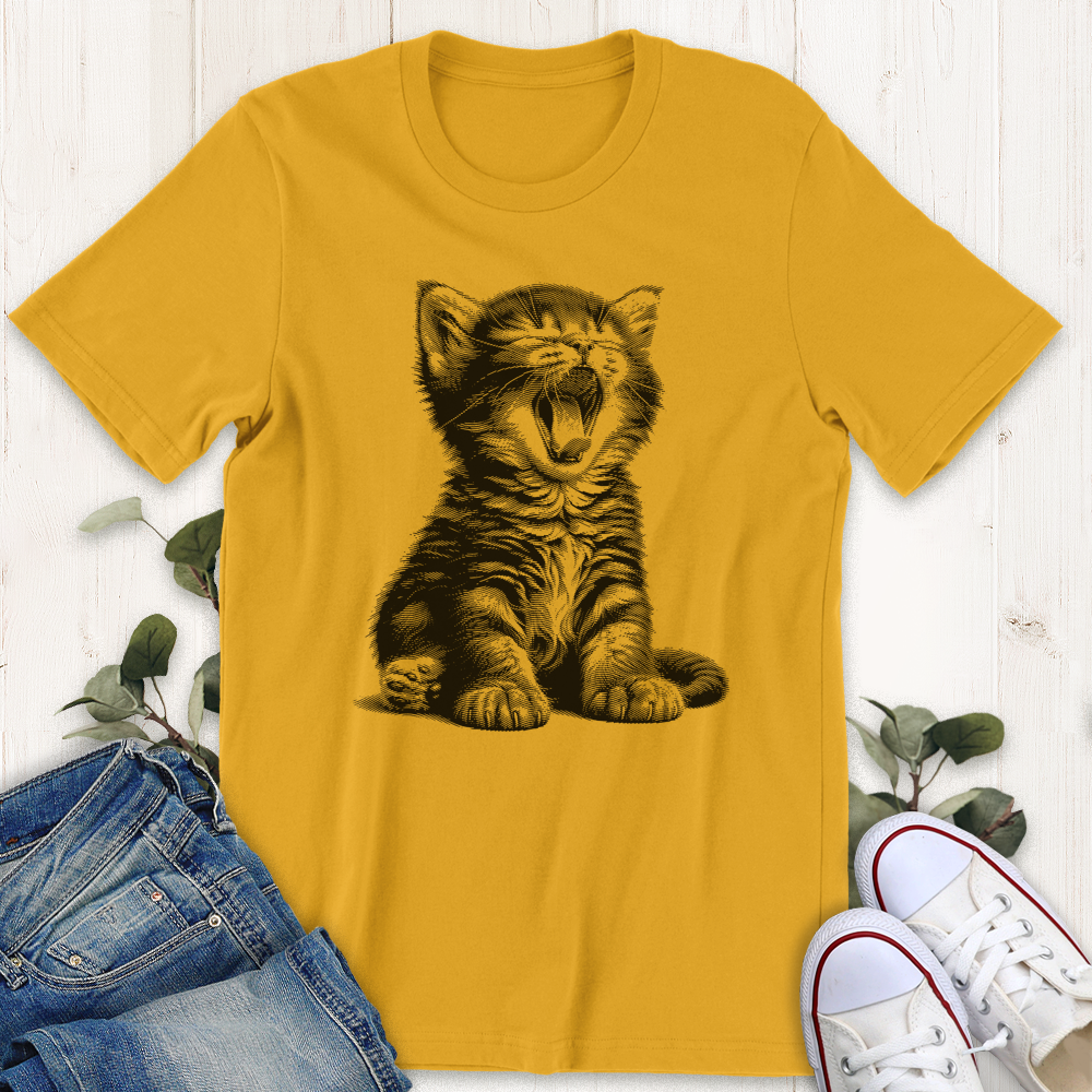 Gold Yawning Kitty graphic t-shirt from Thistle and Brass