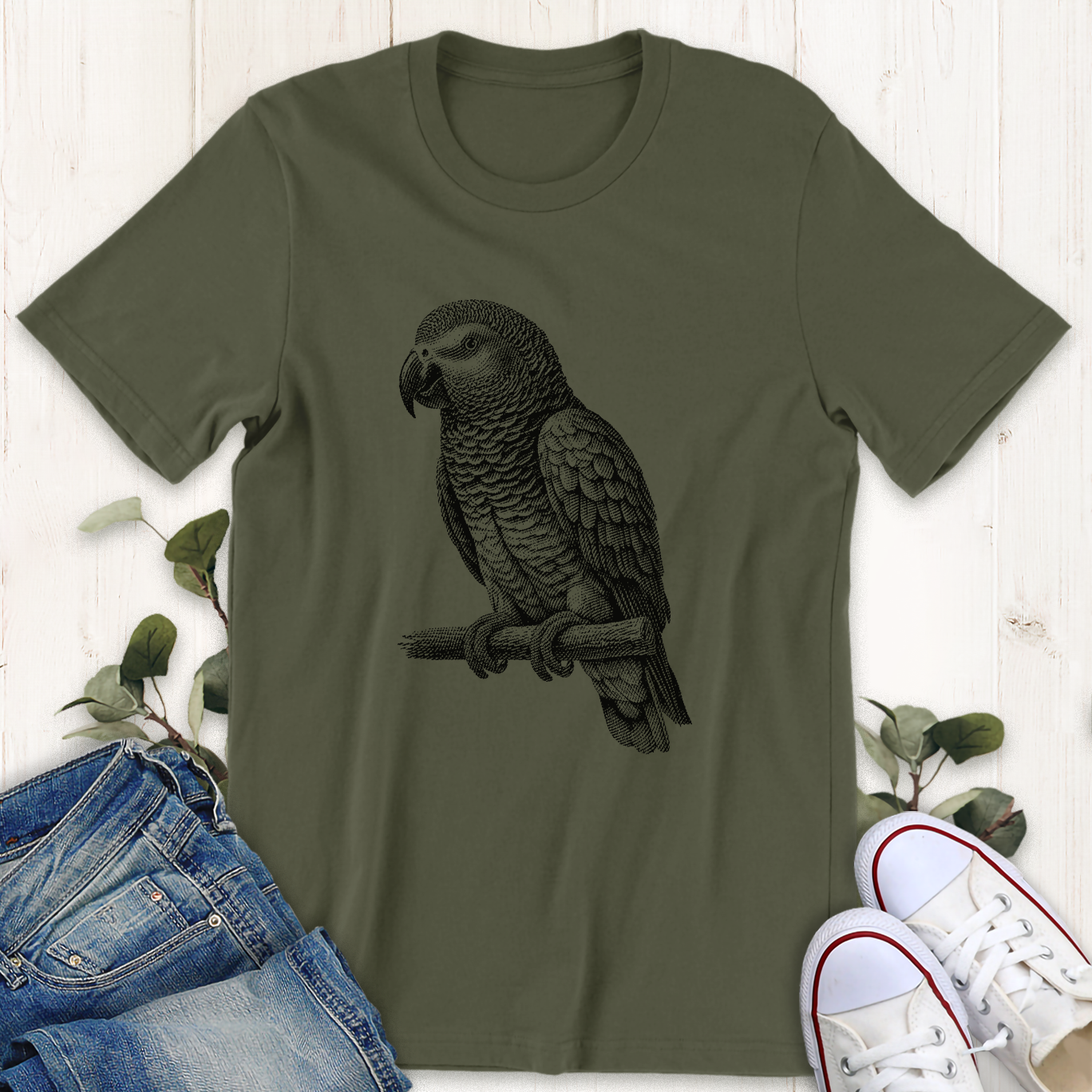 Military green African grey parrot graphic t-shirt by Thistle and Brass