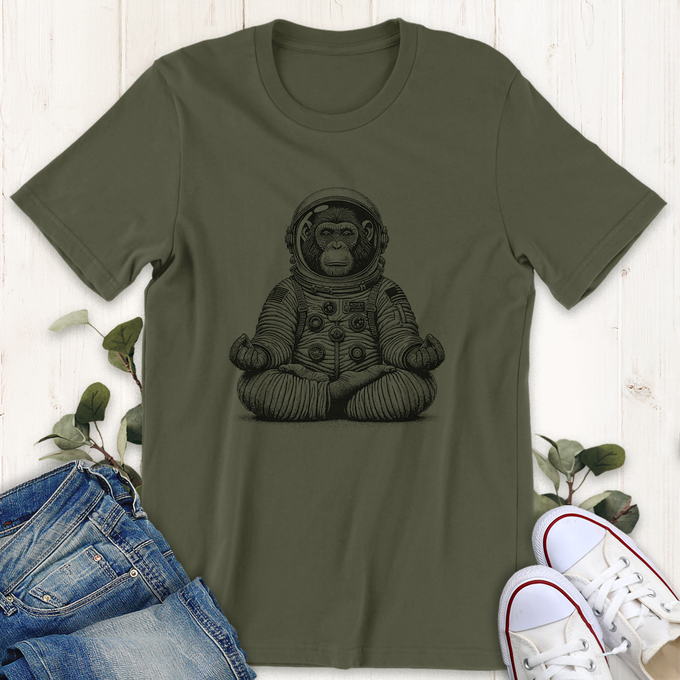 Military green Astronaut Chimp doing yoga graphic t-shirt by Thistle and Brass