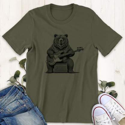 military green color bass guitar playing grizzly bear printed graphic t-shirt by Thistle and Brass