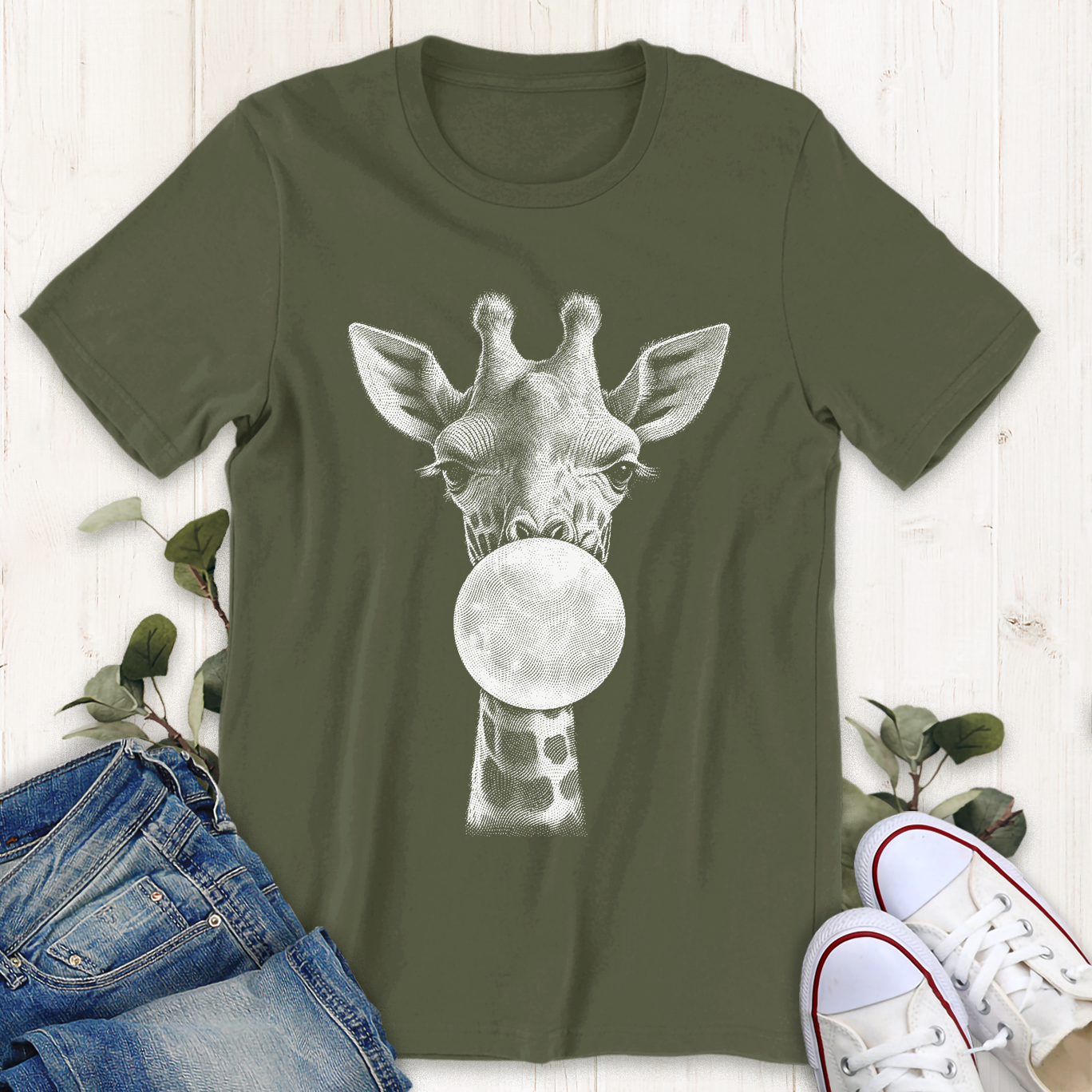 Military green giraffe bubblegum graphic t-shirt by Thistle and Brass