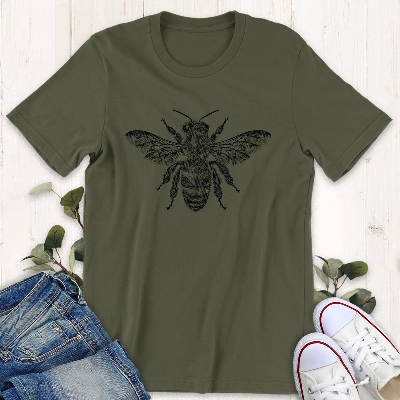 Military green honey bee graphic t-shirt by Thistle and Brass