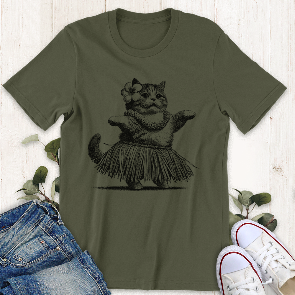 Military green Hula Cat graphic T-shirt from Thistle and Brass