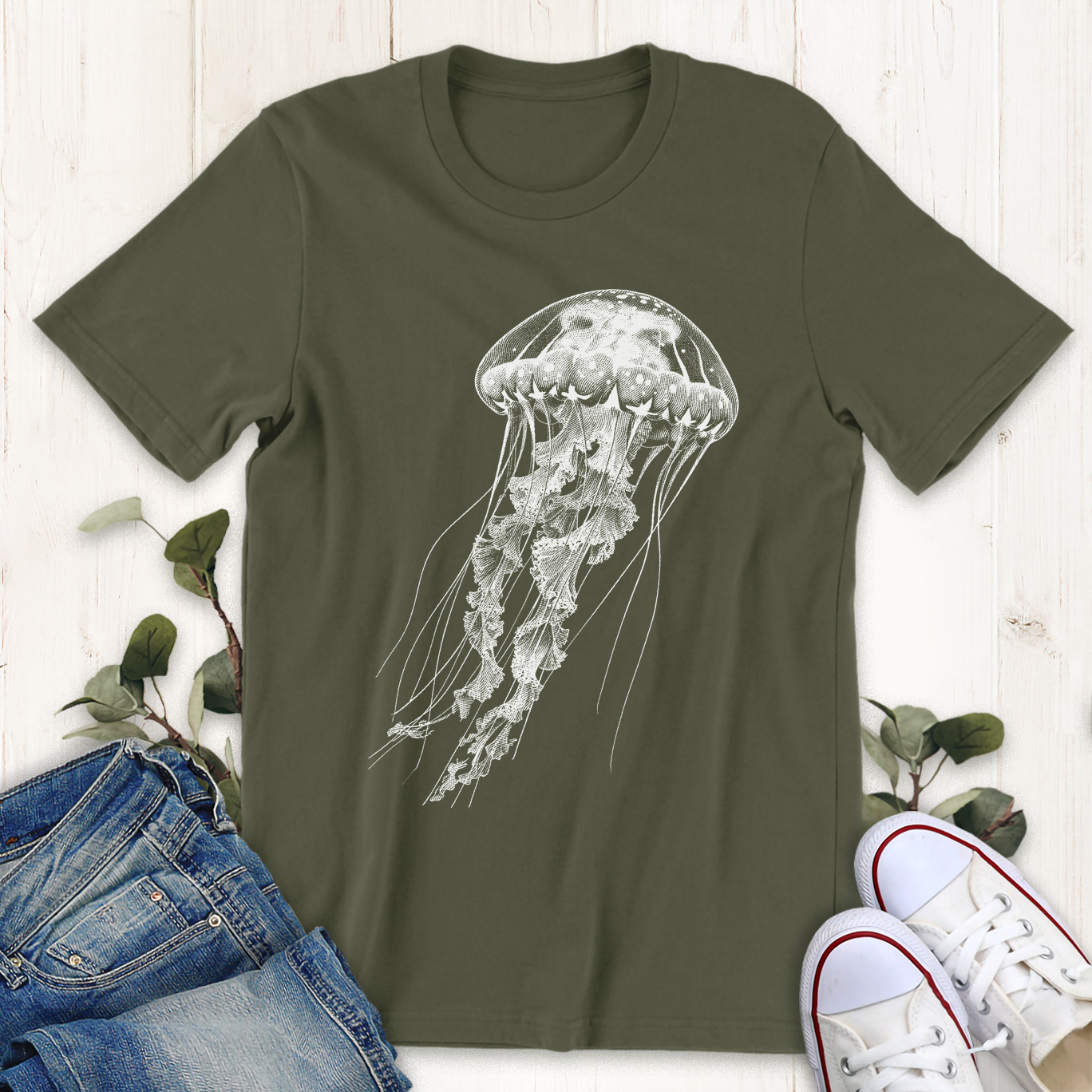 Military green Jellyfish graphic t-shirt by Thistle and Brass