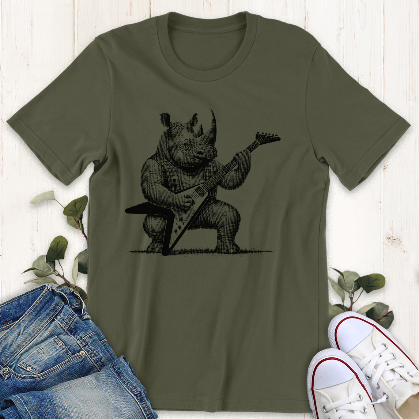 Military Green color heavy metal guitar playing rhino graphic t-shirt by Thistle and Brass