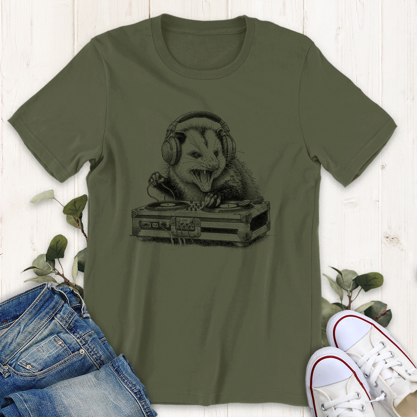 Military green opossum DJ graphic t-shirt by Thistle and Brass