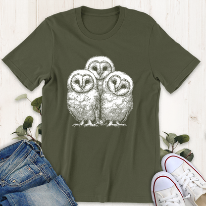 Military green Owlet Trio graphic tee by Thistle and Brass