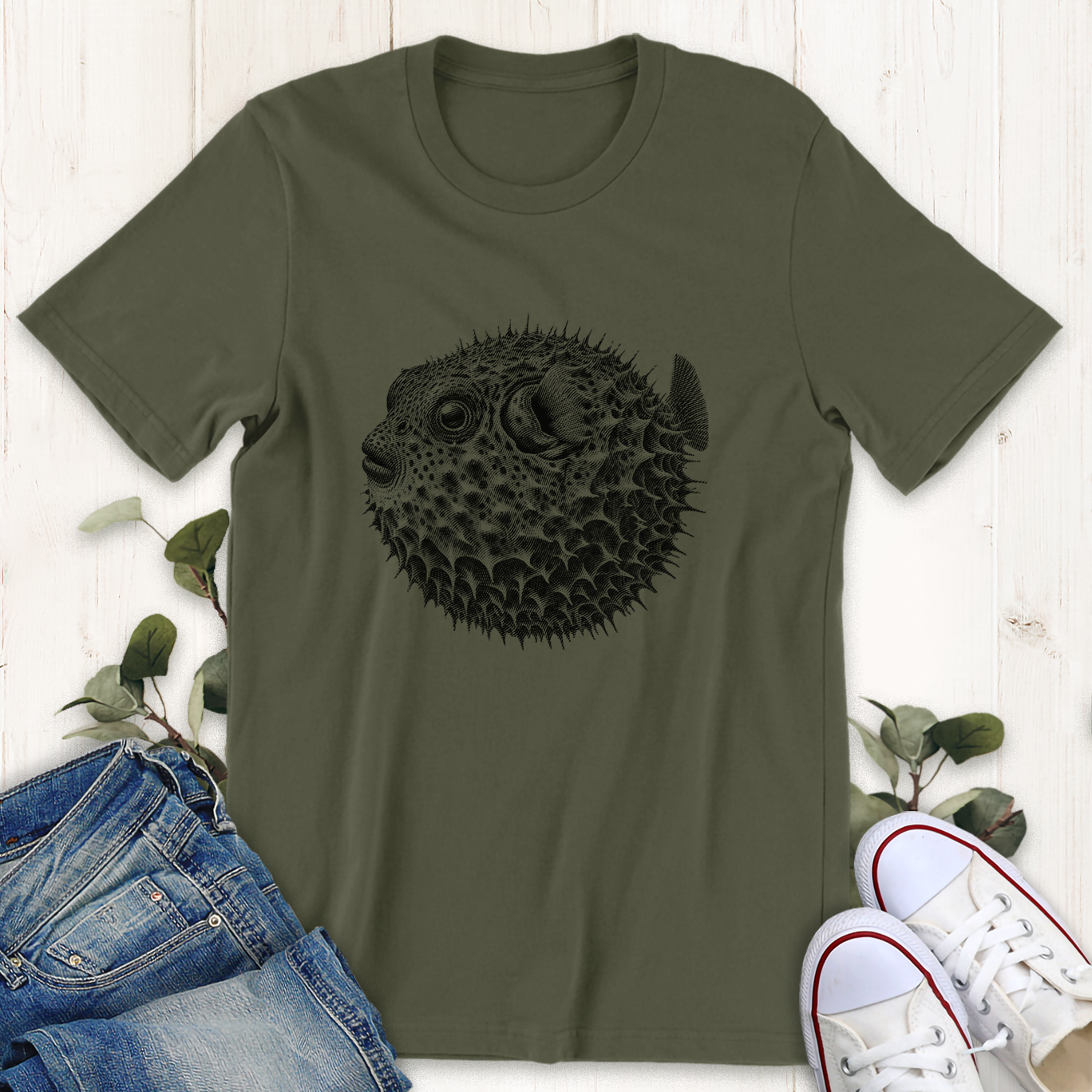 Military green Puffer fish graphic t-shirt by Thistle and Brass