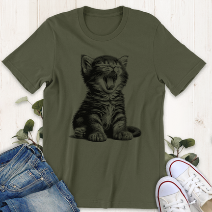 Military green Yawning Kitty graphic t-shirt from Thistle and Brass