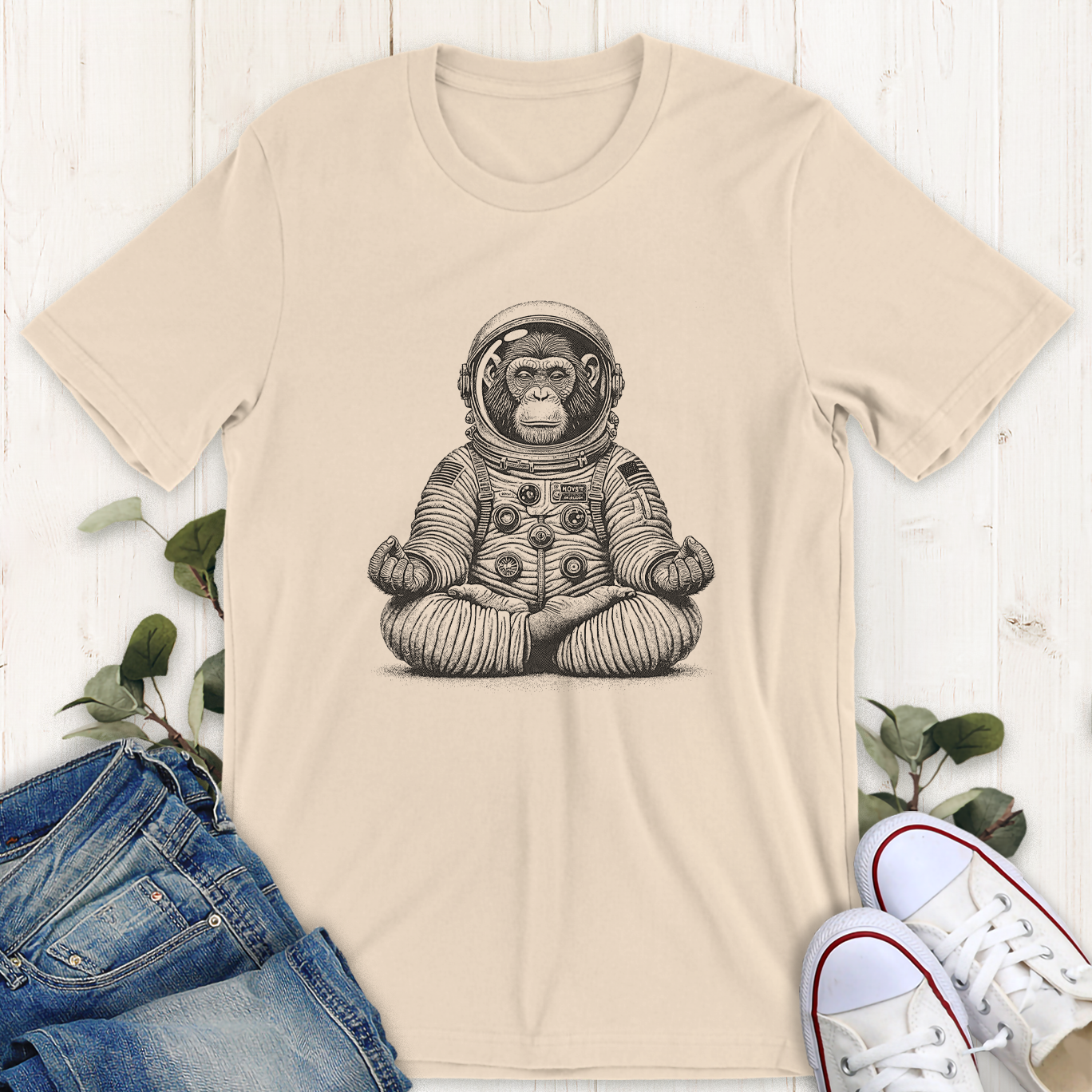 Soft cream Astronaut Chimp doing yoga graphic t-shirt by Thistle and Brass