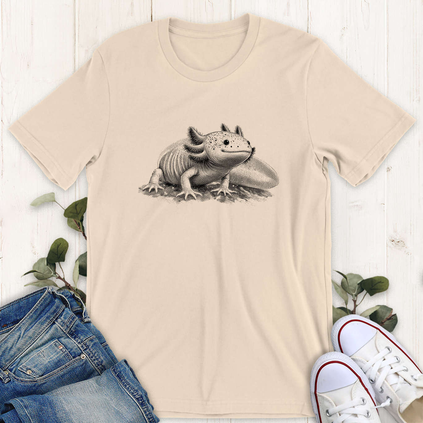 Soft Cream Tan axolotl graphic t-shirt by Thistle and Brass