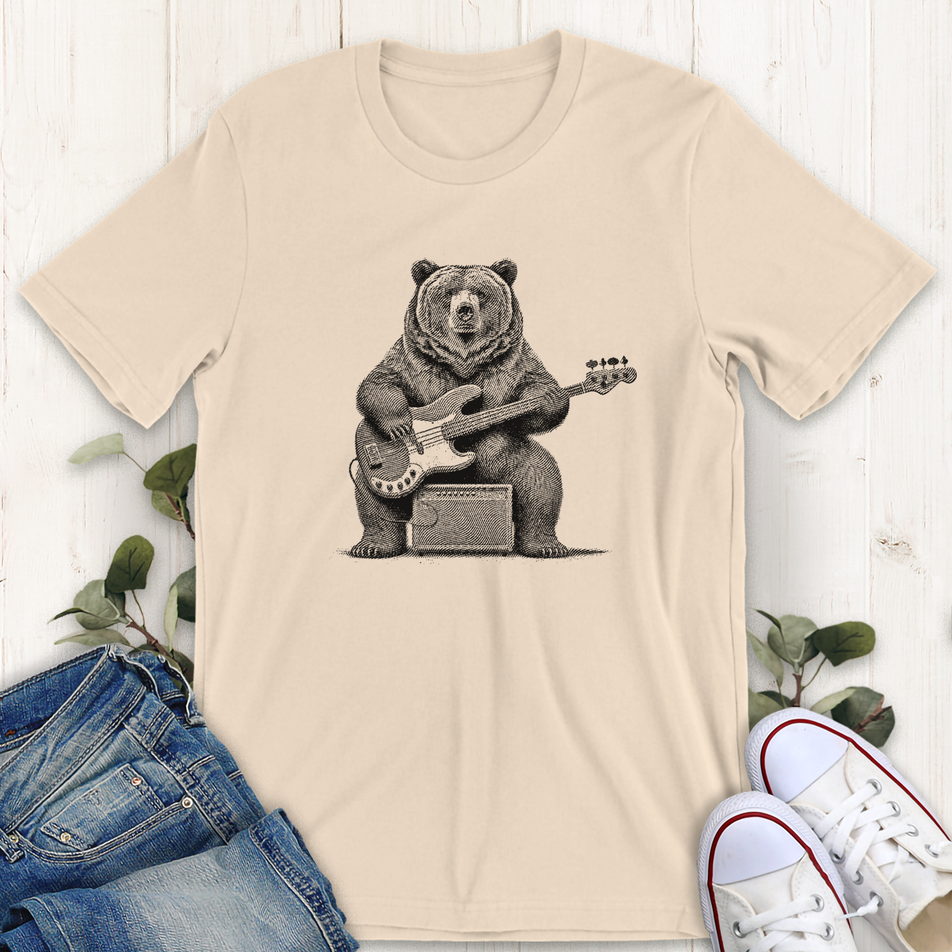 soft cream color shirt bass guitar playing grizzly bear printed graphic t-shirt by Thistle and Brass