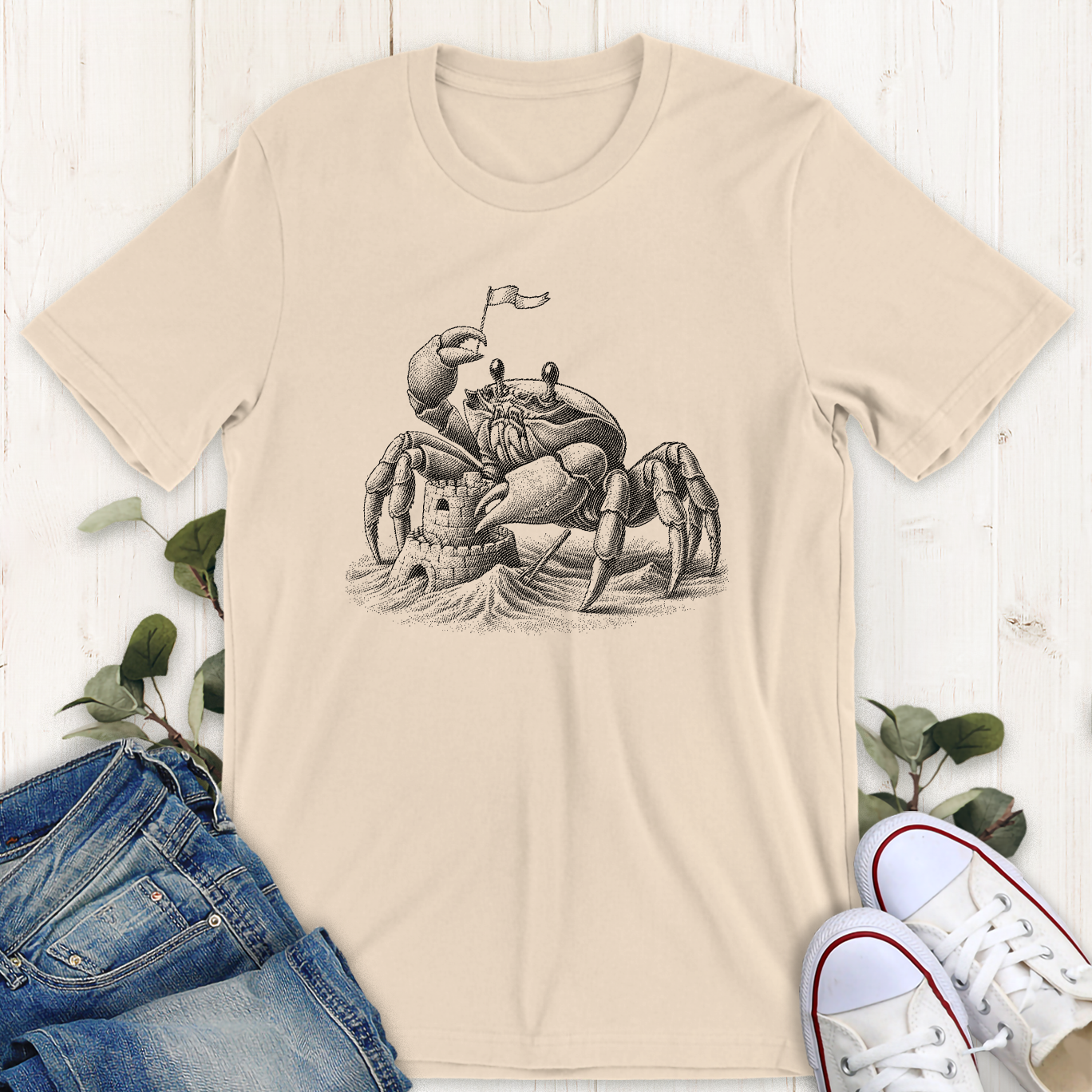 Soft Cream tan crab sand castle graphic t-shirt by Thistle and Brass