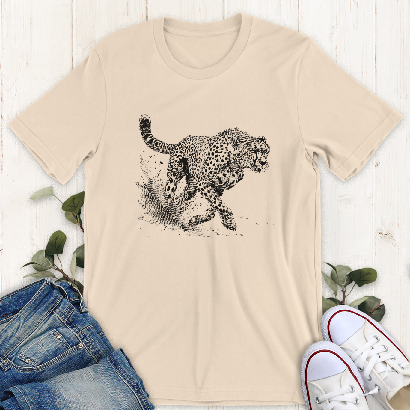 Soft cream cheetah running hunting printed graphic t-shirt by Thistle and Brass