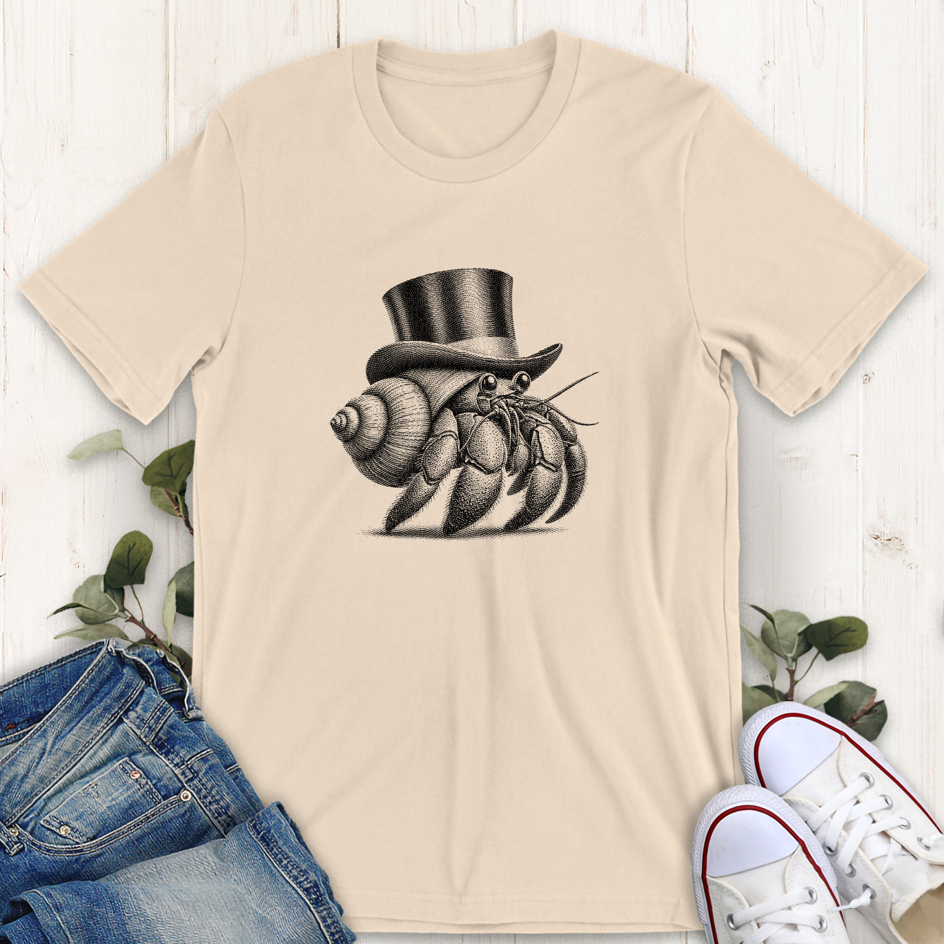 Soft cream dapper hermit crab graphic t-shirt by Thistle and Brass