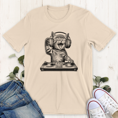 Soft cream DJ cat graphic t-shirt by Thistle and Brass