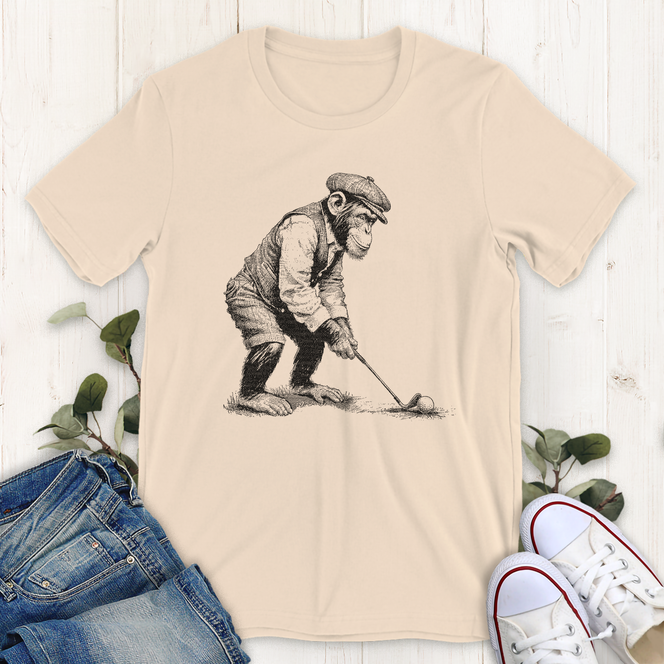 Soft cream Golfing Chimp graphic t-shirt by Thistle and Brass