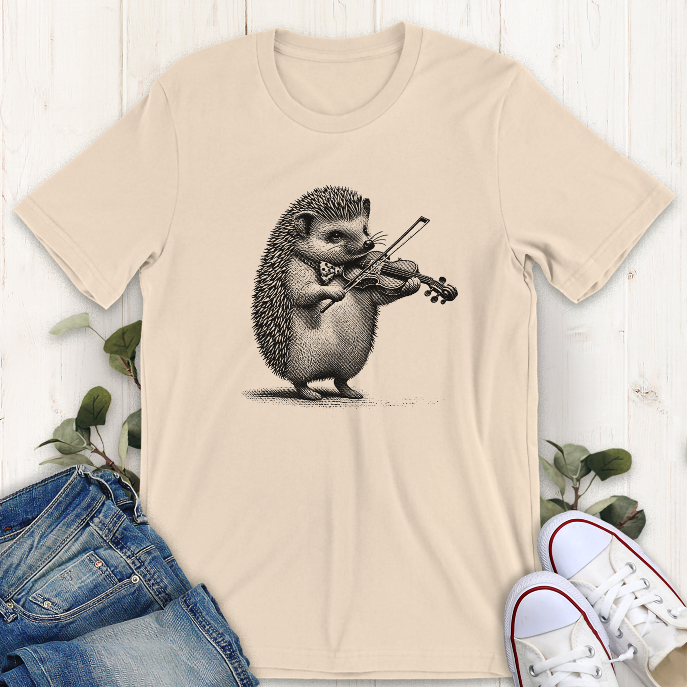 Soft cream Hedgehog Violin graphic t-shirt by Thistle and Brass