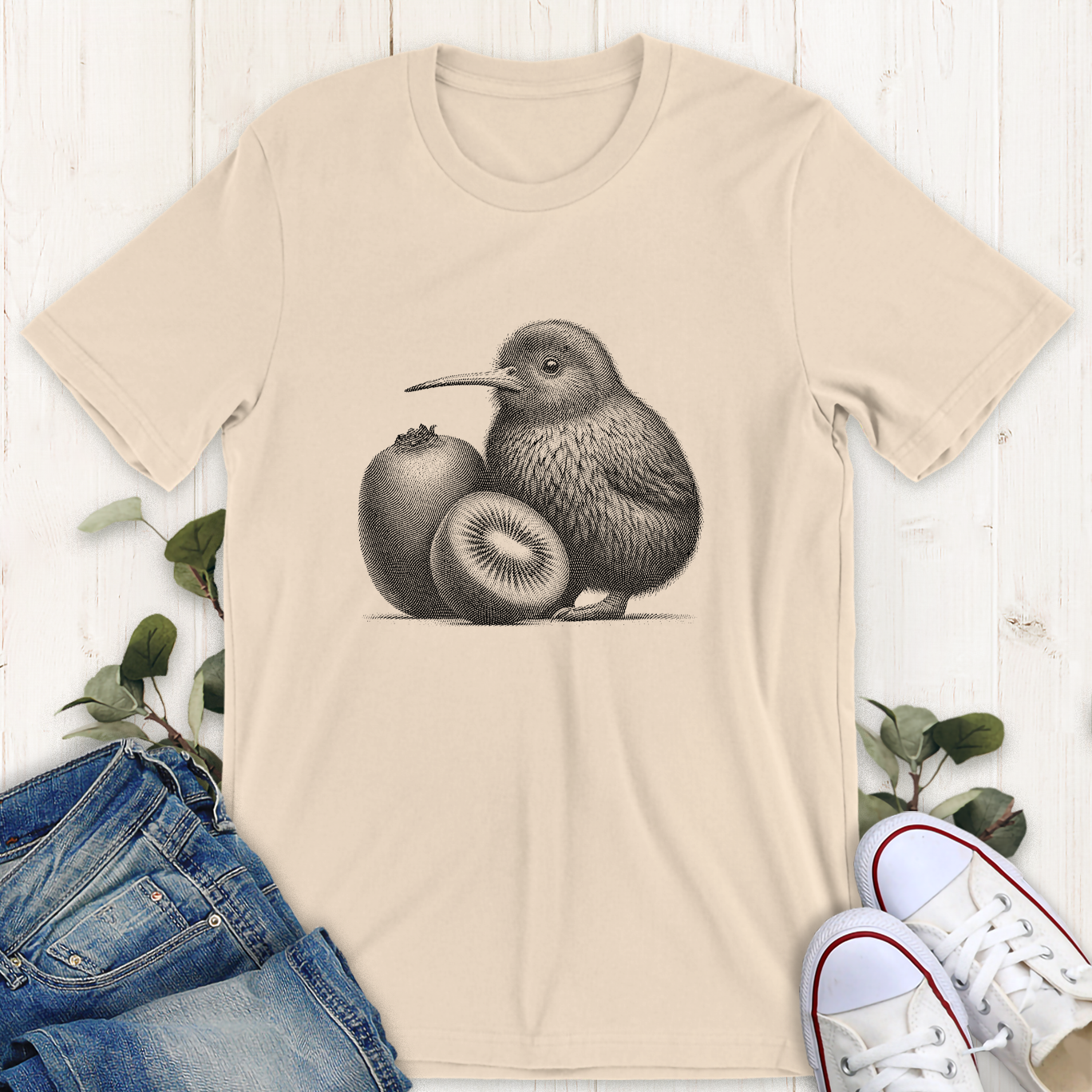 Soft cream Kiwi bird with a kiwi graphic t-shirt by Thistle and Brass