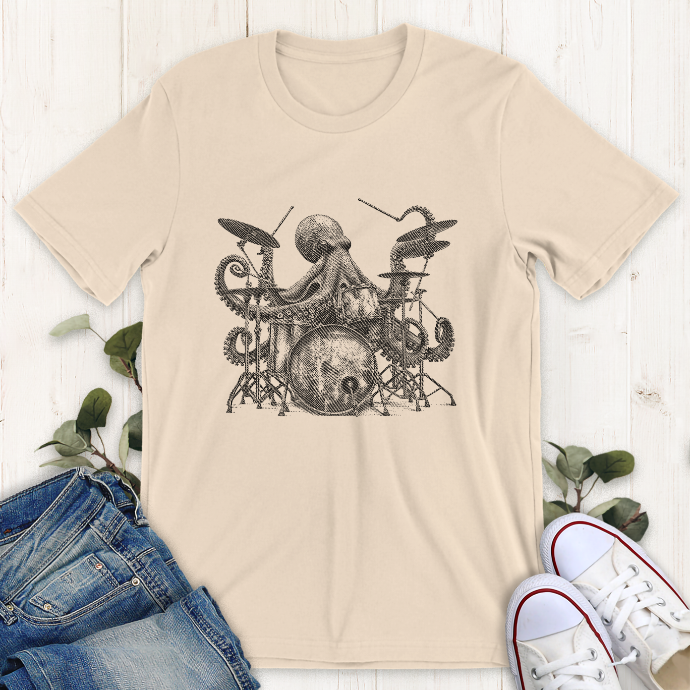 Soft cream tan octopus playing drums graphic t-shirt by Thistle and Brass