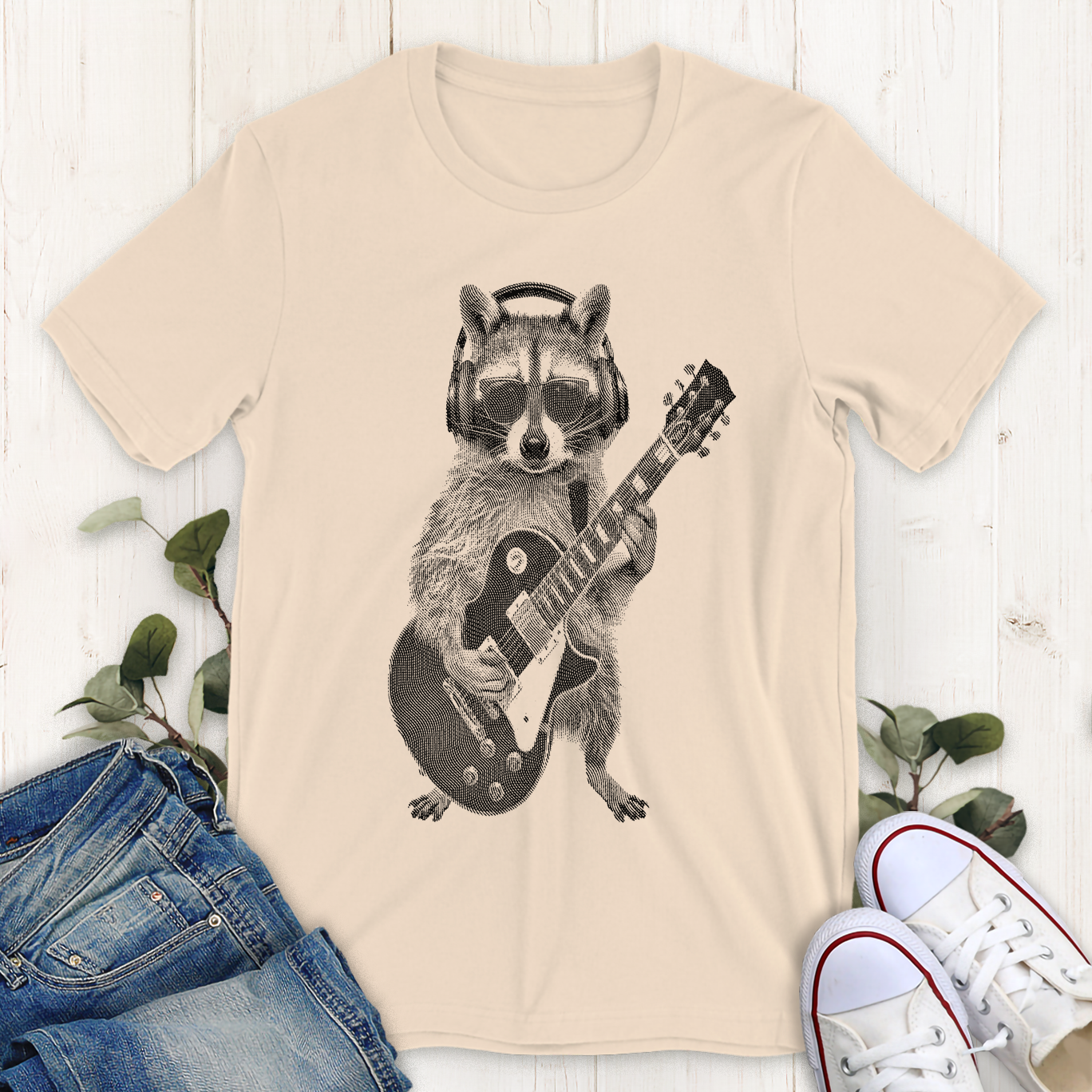 Soft cream rockin raccoon graphic t-shirt by Thistle and Brass