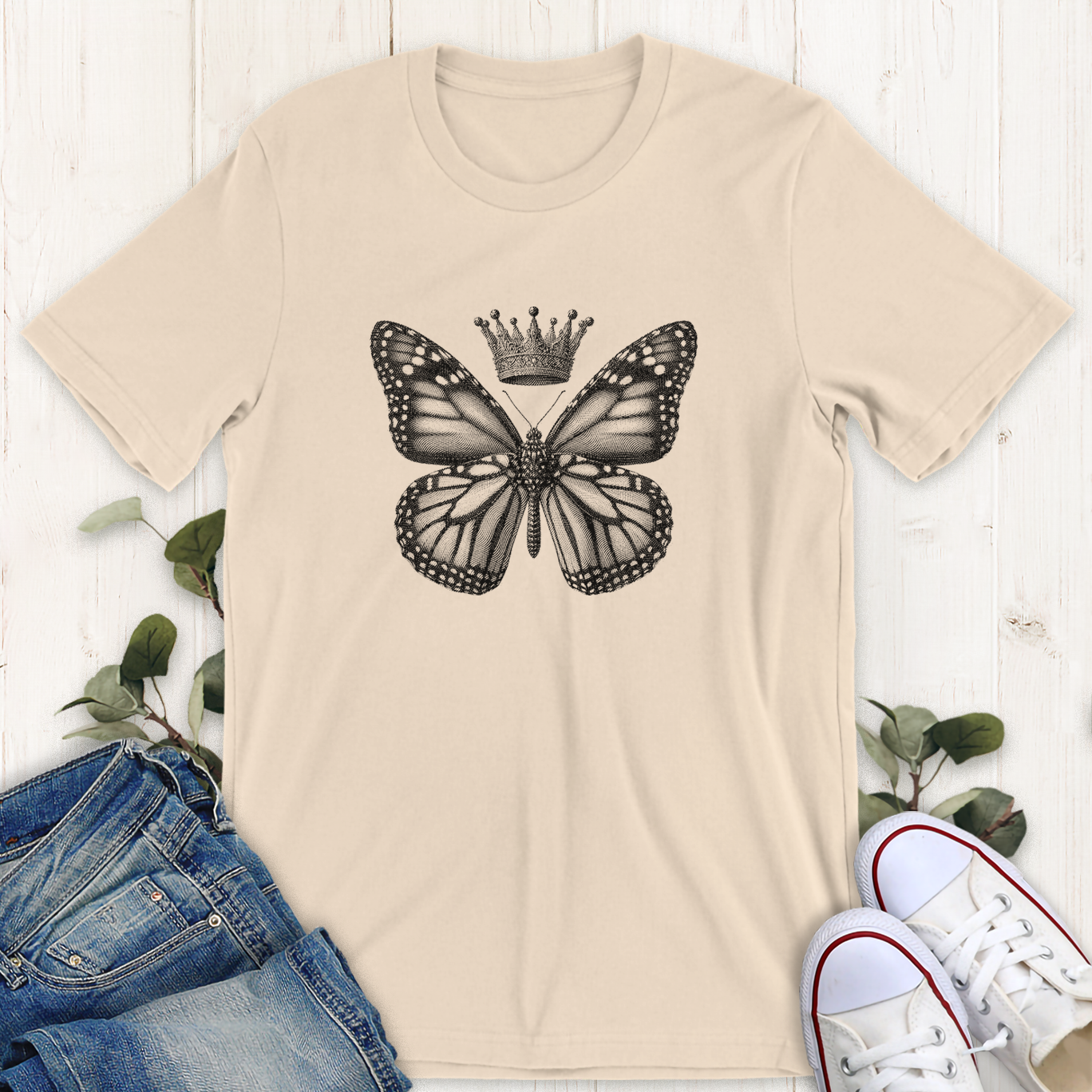 Soft cream tan monarch butterfly with a royal crown graphic t-shirt by Thistle and Brass