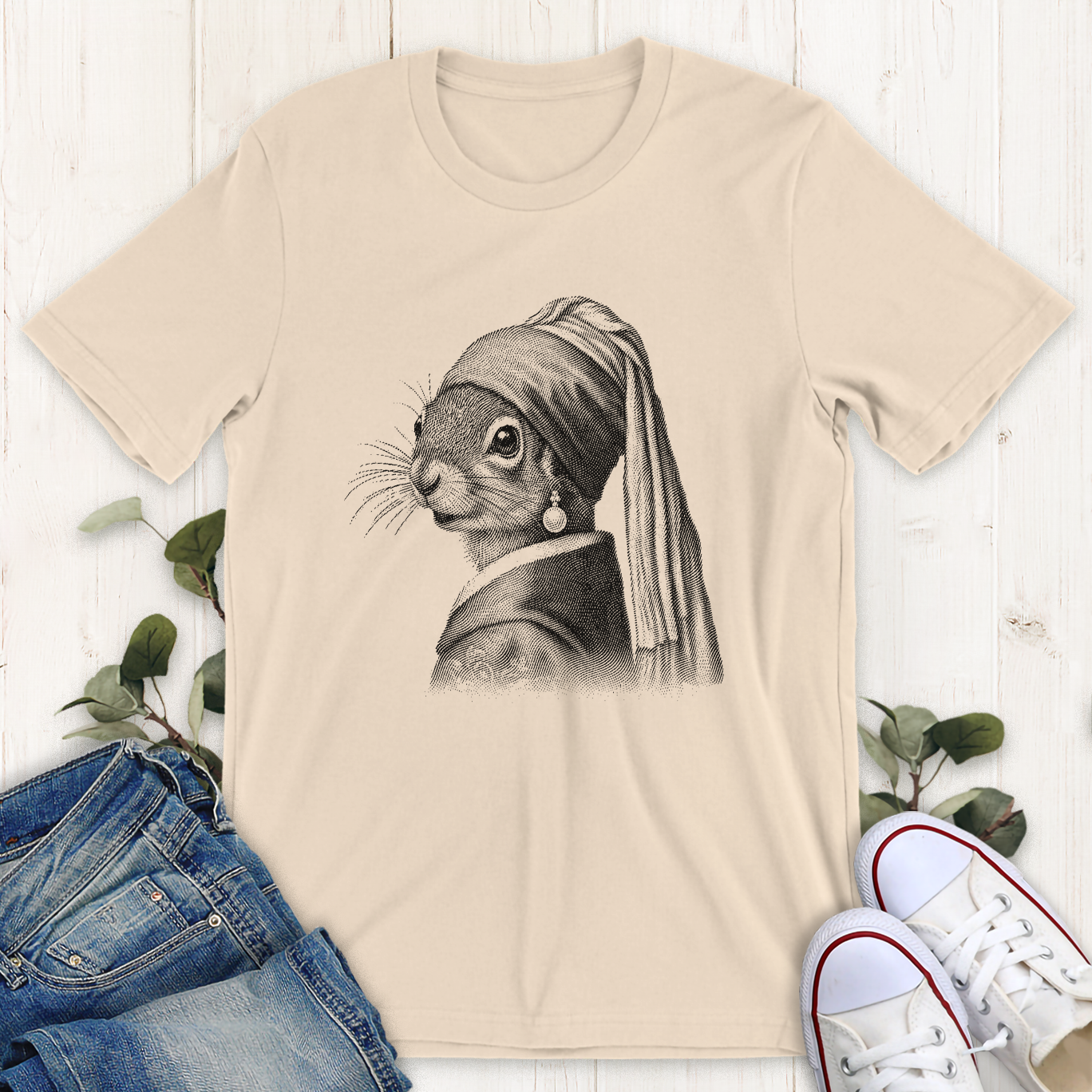 Soft cream Squirrel pearl earring graphic t-shirt by Thistle and Brass