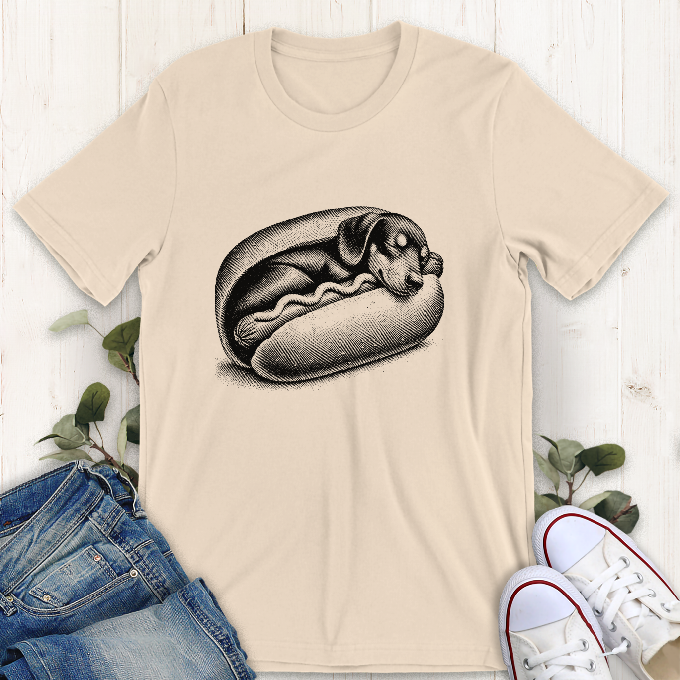 Soft cream weiner dog graphic t-shirt by Thistle and Brass