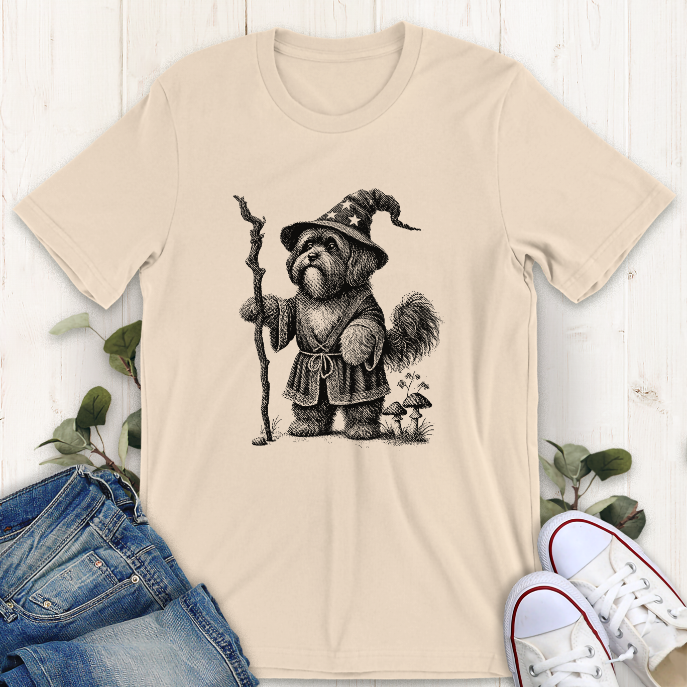 Soft cream wizard ShihTzu dog graphic t-shirt by Thistle and Brass