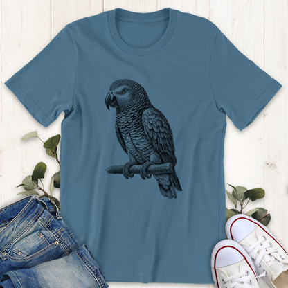 Steel blue African grey parrot graphic t-shirt by Thistle and Brass