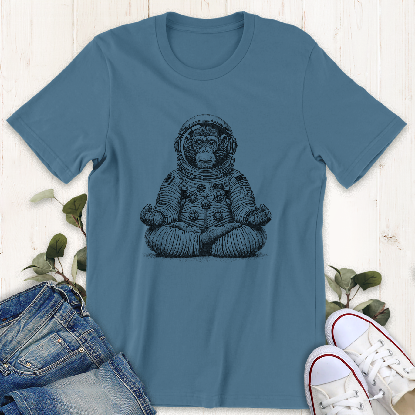 Steel blue Astronaut Chimp doing yoga graphic t-shirt by Thistle and Brass