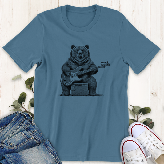 Steel Blue bass guitar playing grizzly bear printed graphic t-shirt by Thistle and Brass