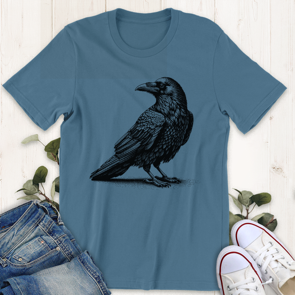 Steel blue Curious Raven t-shirt from Thistle and Brass