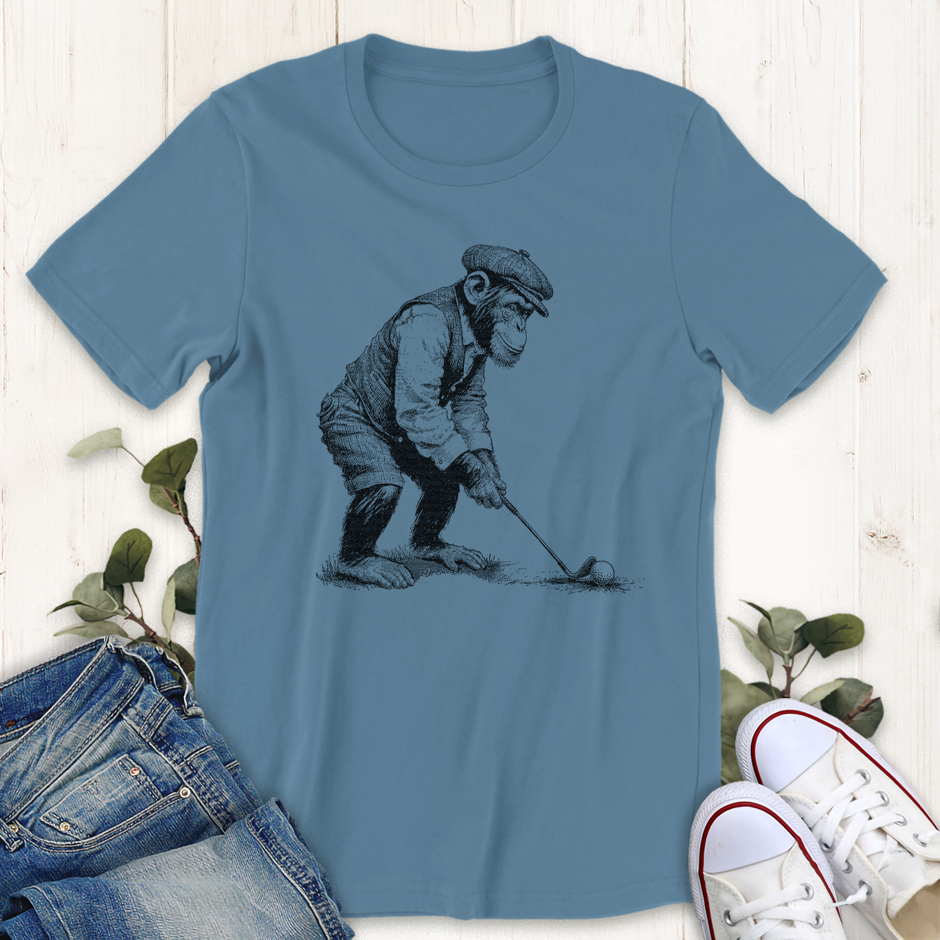 Steel blue Golfing Chimp graphic t-shirt by Thistle and Brass