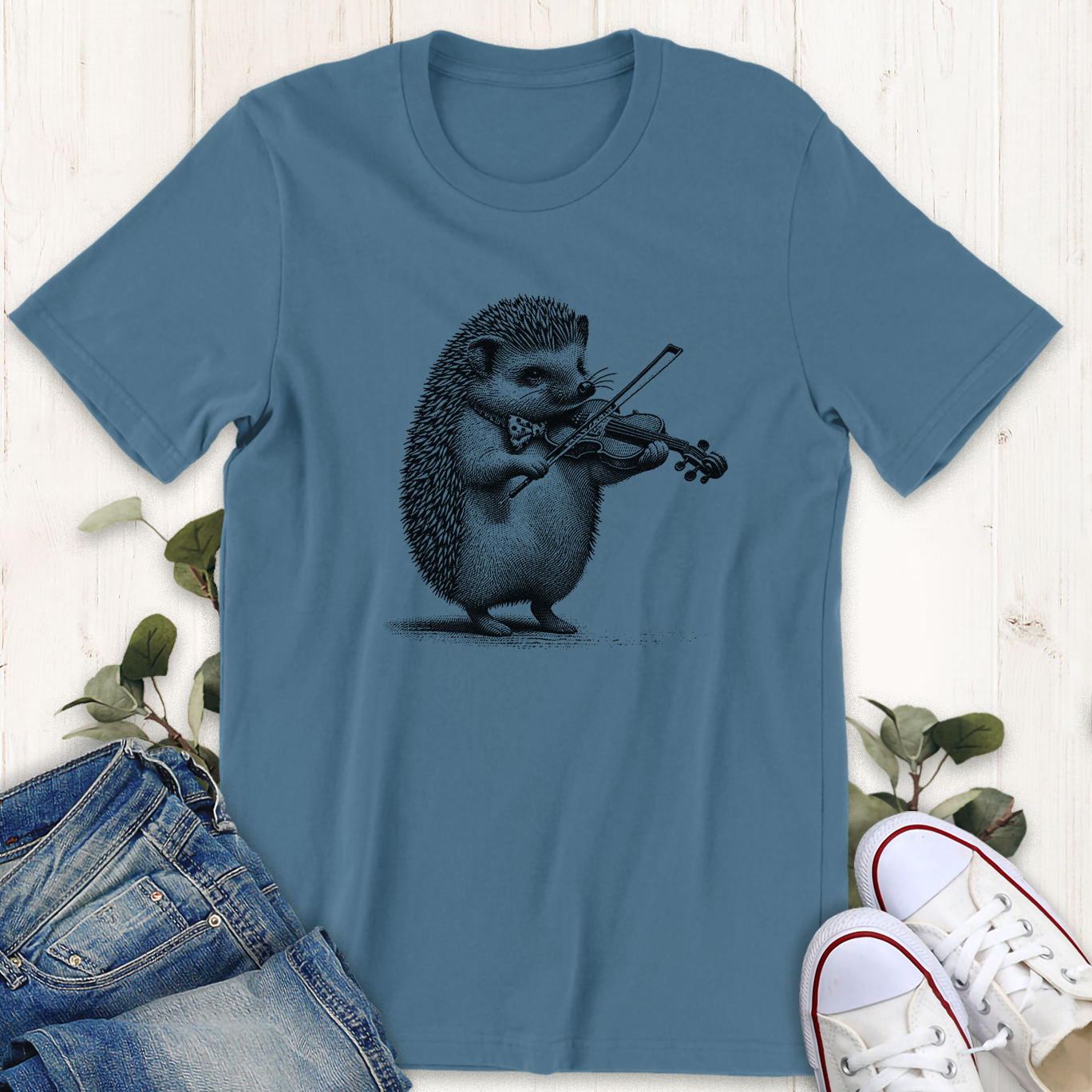 Steel blue Hedgehog Violin graphic t-shirt by Thistle and Brass