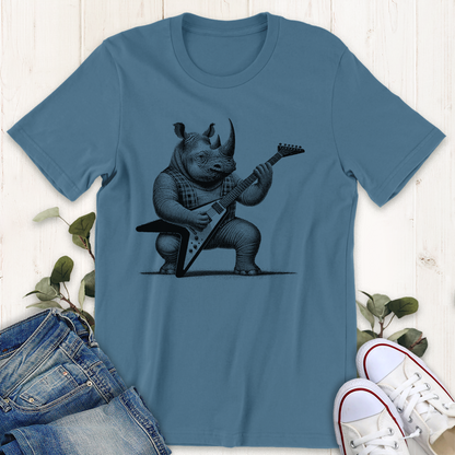 Steel Blue heavy metal guitar playing rhino graphic t-shirt by Thistle and Brass