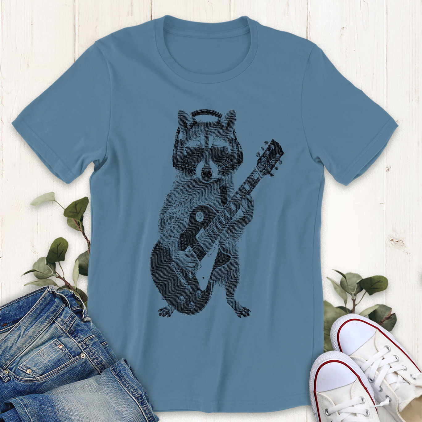 Steel blue rockin raccoon graphic t-shirt by Thistle and Brass